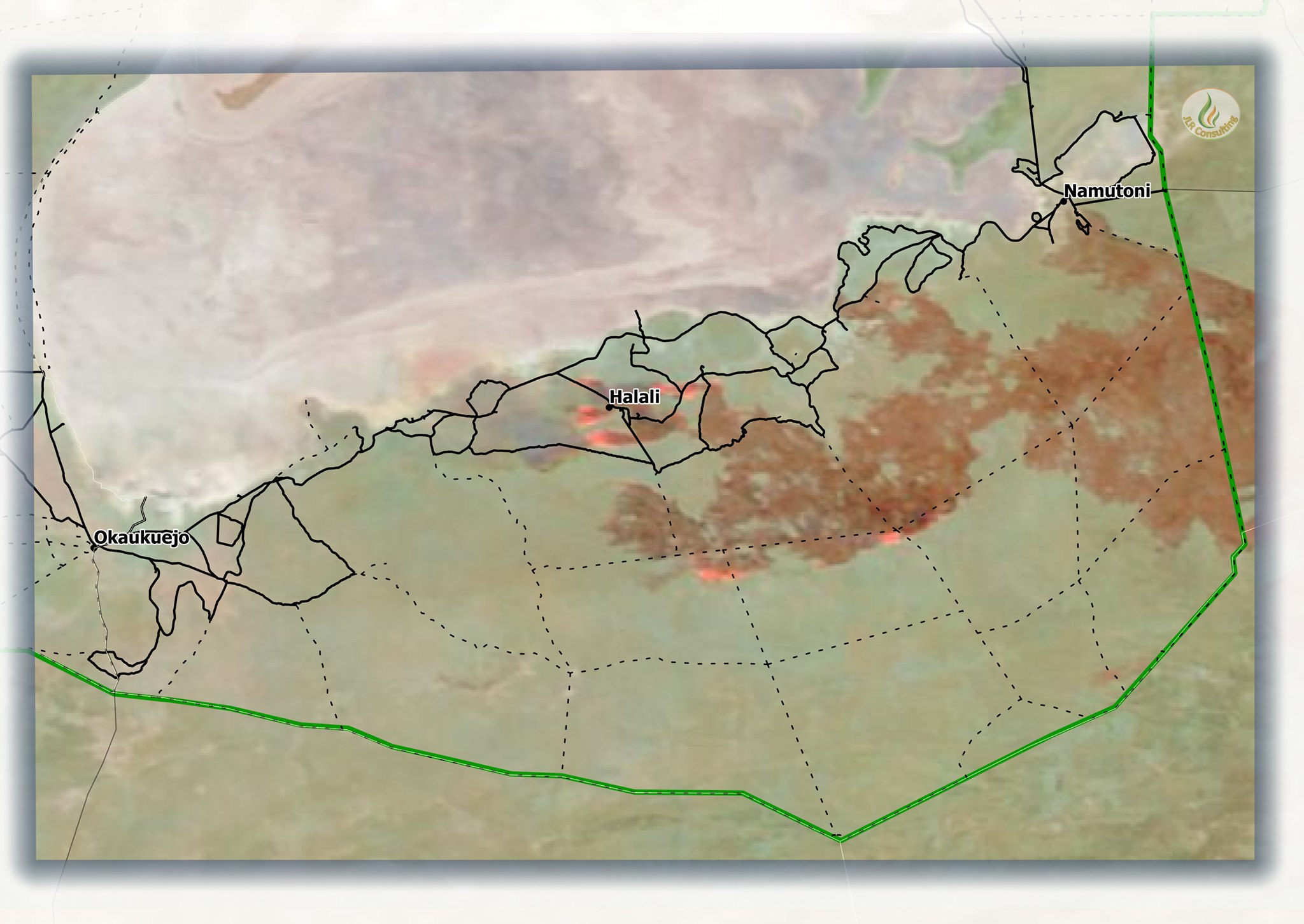 Colour composite image showing the direction and extent of the fire in the Halali area of Etosha National Park on 17 October
